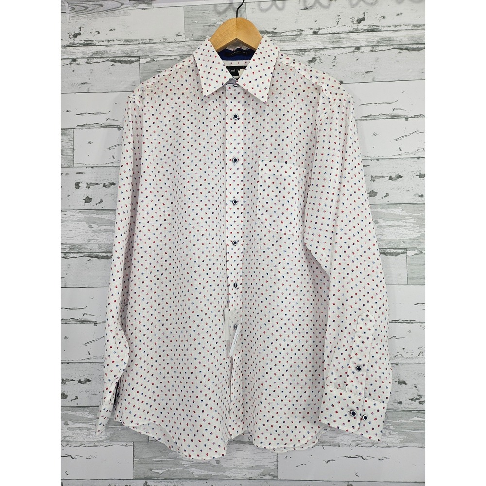Paul Fredrick Mens 16.5 35 Linen Non-Iron Shirt White Dot Classic Fit